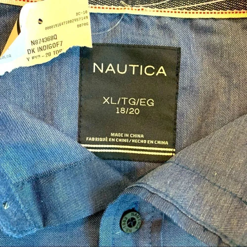 Nautica Button-Down Collared Navy Blue ColorBlock Untuck Shirt Boy’s XL NWT - Picture 10 of 10